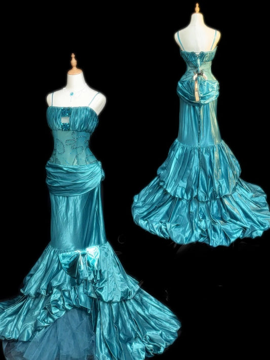 Vintage Prom Dresses Mermaid Spaghetti Strap Sleeveless Blue Corset Fitted Long Evening Formal Outfits RB3459