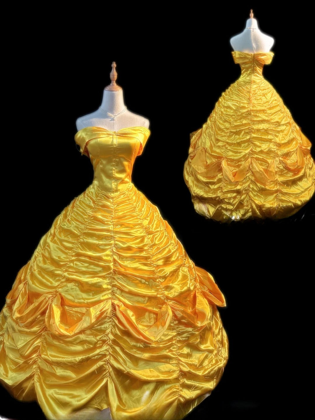 Cute Ball Gown Off The Shoulder Yellow Satin With Ruffles Long Quinceanera Dress vestido de 15 de cenicienta RB3460