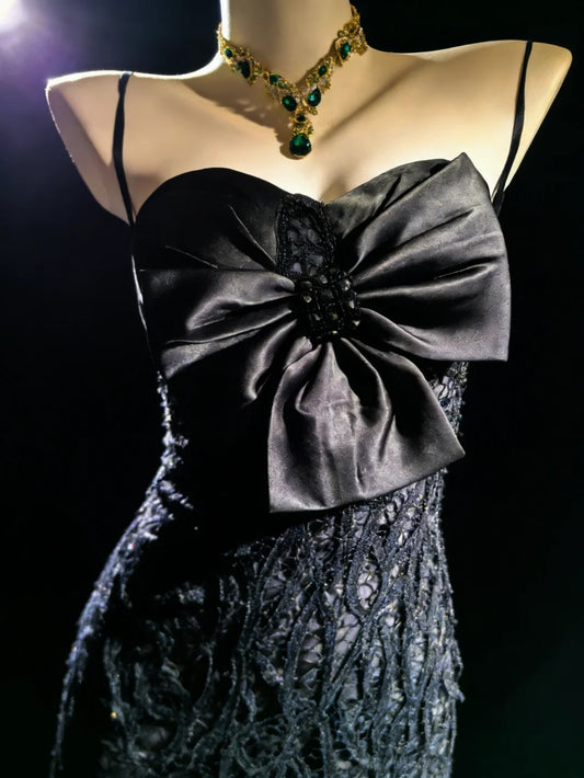 Robe de bal longue sirène rétro années 1950, bretelles spaghetti, bleu marine, corsage en dentelle, AS059