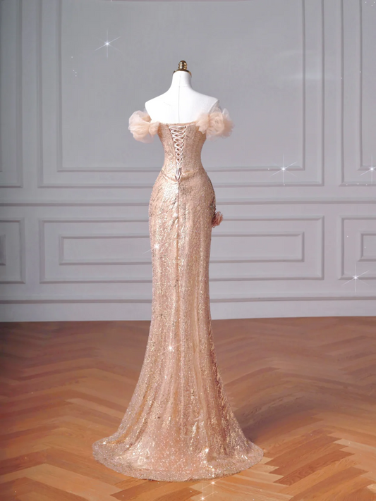 Funkelndes Meerjungfrauen-Kleid in Rosé mit schulterfreiem Ausschnitt und Ärmeln, langes formelles Ballkleid, Abendkleid, Partykleid AQ065