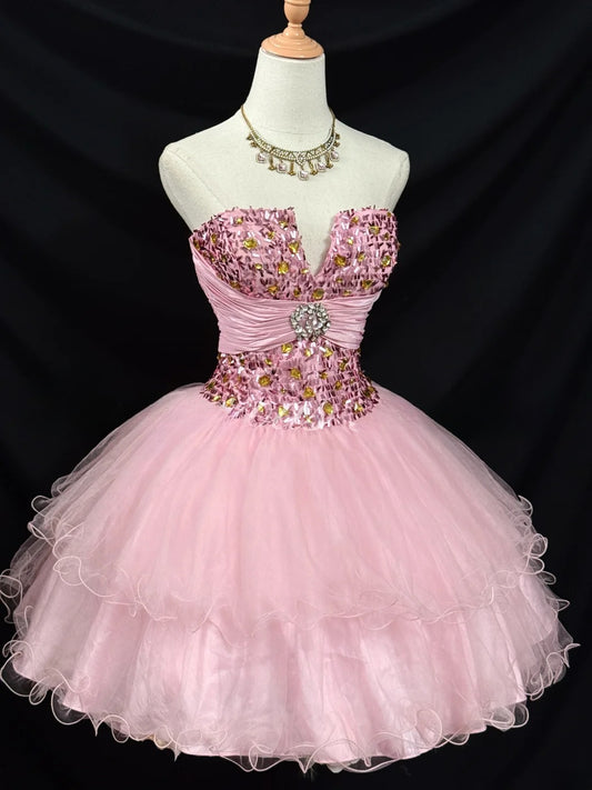 Elegant Ball Gown Sweetheart Pink Tulle Party Dress Short Mini 18th Birthday Dresses Hoco Outfits RB3467