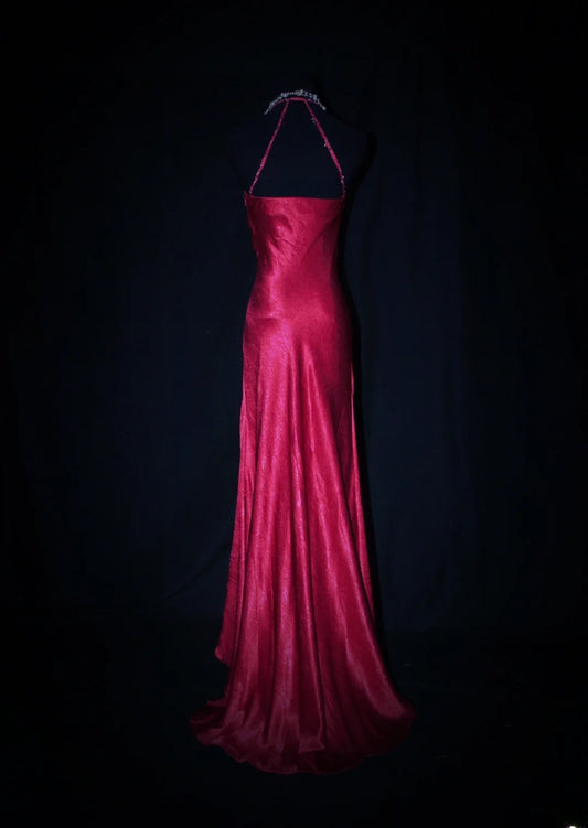 Charming Mermaid Halter Hot Pink Satin Sleeveless Long Prom Dresses Party Formal Gowns AS077