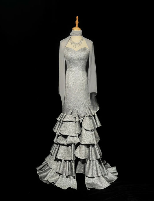 Vintage Prom Dresses Mermaid Sweetheart Grey With Ruffled Long Evening Dress Formal Outfits RB5888