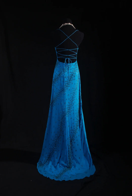 Vintage 1950s Formal Mermaid Spaghetti Strap Royal Blue Chiffon With Beads Sleeveless Long Prom Dresses Party Formal Gowns AS083