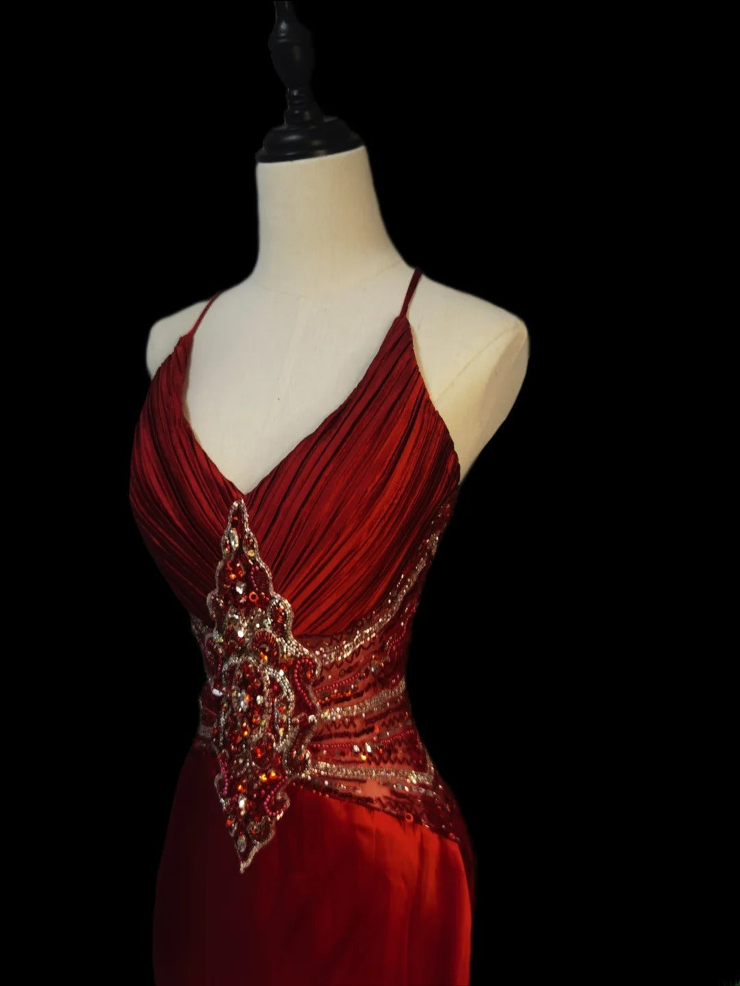 Vintage Meerjungfrauen-Kleid mit Spaghettiträgern, burgunderrot mit Perlenstickerei, ärmellos, langes Ballkleid für den Schulabschlussball, AS086