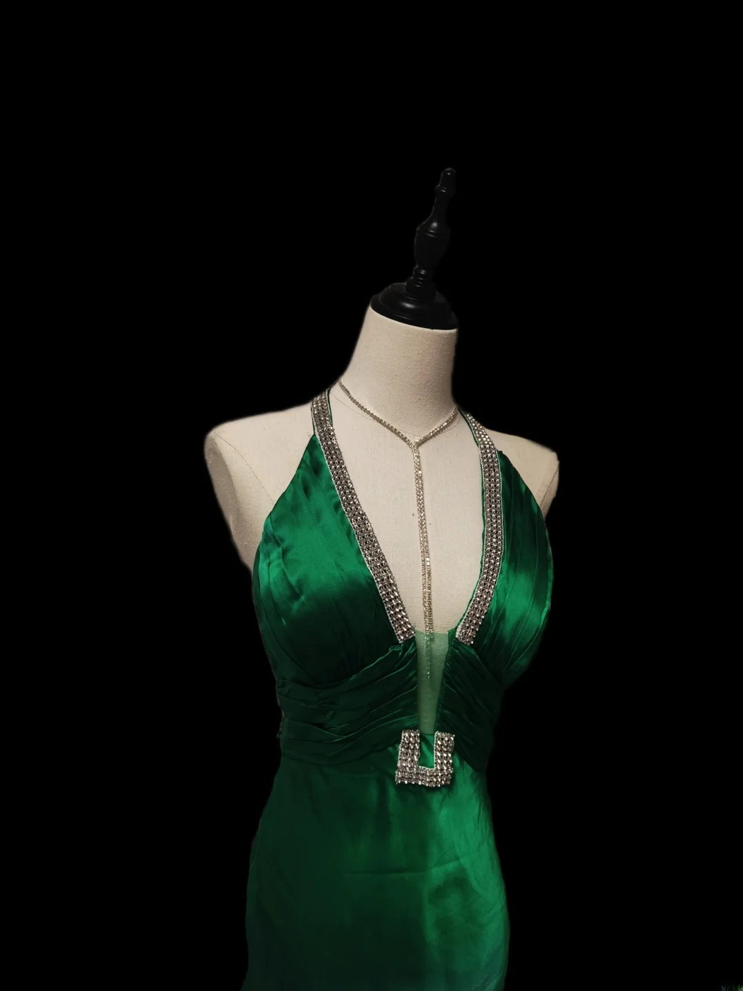 Vintage Meerjungfrauen-Halterkleid aus grünem Satin mit Perlenstickerei, ärmellos, langes Ballkleid für Schulabgängerinnen, Abendgarderobe AS087