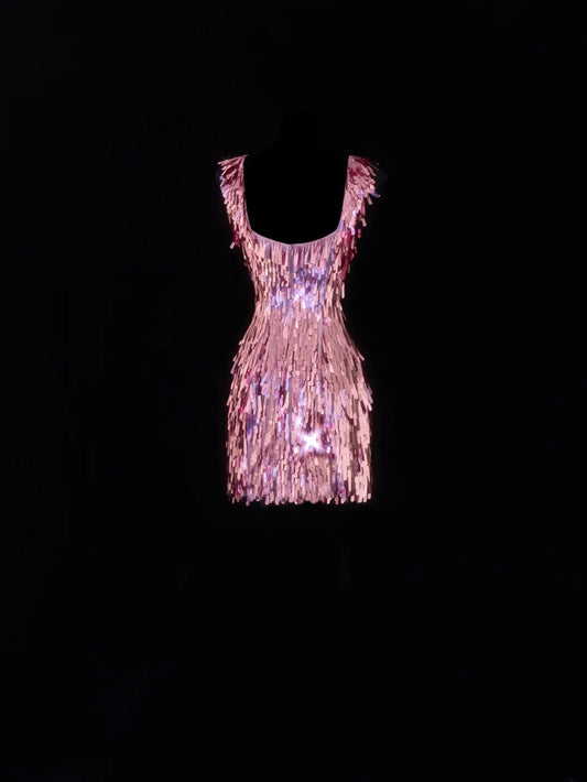 Ästhetisches, kurzes Etuikleid mit eckigem Ausschnitt, rosa Pailletten, 16. Geburtstagskleid, Homecoming-Kleid, Cocktailkleid SA090