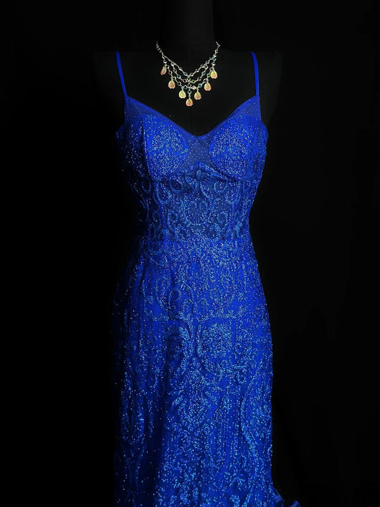 Vintage 70s Prom Dresses Mermaid Spaghetti Strap Royal Blue With Corset Fitted Long Evening Dress Formal Outfits RB5898