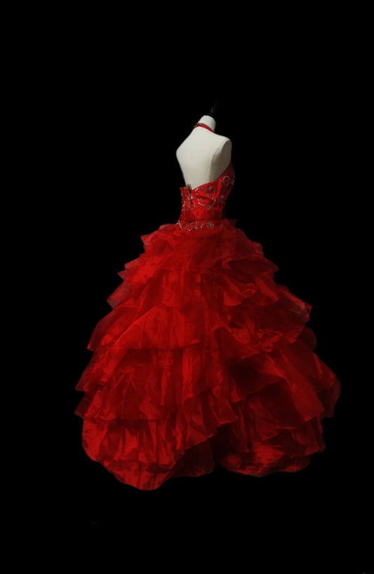 Unique Ball Gown Halter Red Layered Tiered With Beads Long Wedding Quinceanera Dresses Sweet 15 16 Birthday Gown AS092
