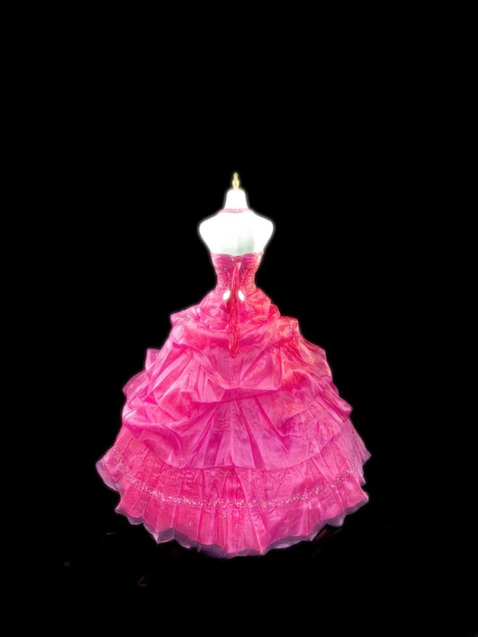 Modest Ball Gown Halter Hot Pink Sleeveless With Beading Tiered Layers Long Quinceanera Dress vestido de 15 de cenicienta RB3564