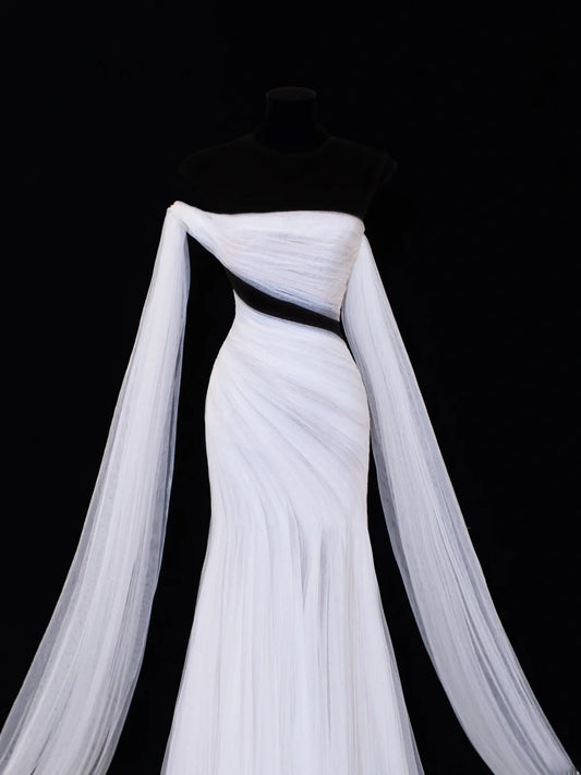 Elegant Women's Mermaid Strapless With One Shoulder Sleeves White Tulle Long Wedding Gowns Dresses SA104