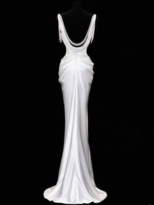 Timeless Wedding Gowns Dresses Romantic Mermaid Spaghetti Strap Pearls for Bride With Slit White Petite/Plus Size Bridal Gown For Women SA106