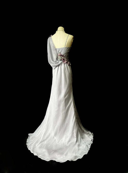 Vintage 70s Prom Dresses Mermaid Spaghetti Strap Silver Gray With Flowers Long Evening Dress Formal Outfits RB5919