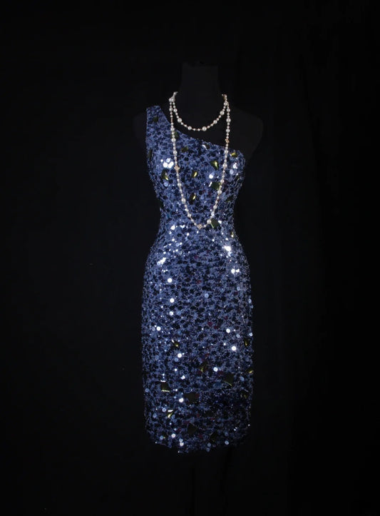 Chic Sheath One Shoulder Navy Blue Sequins Knee Length 16th Birthday Dress Homecoming Dresses Cocktail Gown AS109