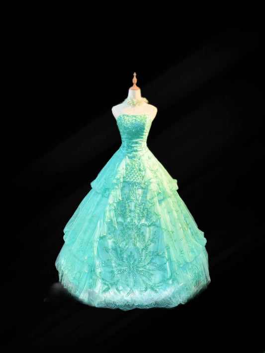Modest Ball Gown Strapless Blue With Tiered Layers Sleeveless Long Sweet 16 Dresses Seventeen Quince Dress RB3571