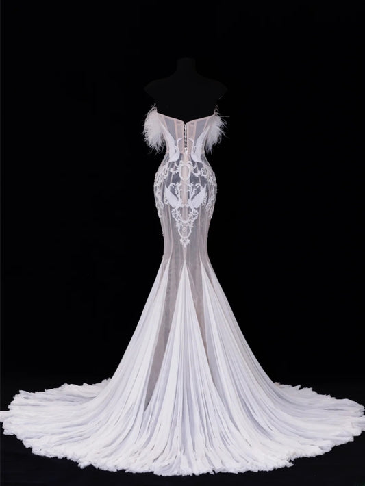 Elegant Women's Mermaid Strapless With Feathers Appliques White Long Wedding Gowns Dresses SA112