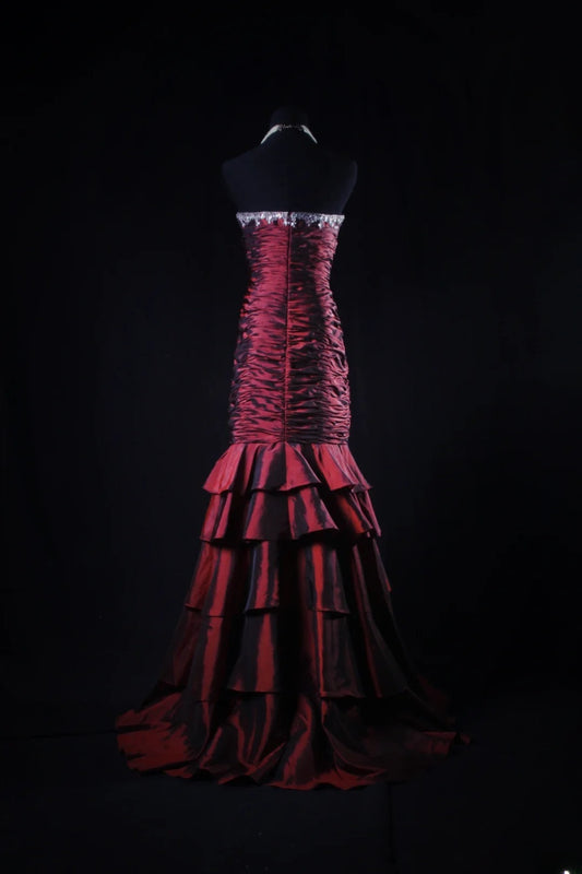 Vintage 50s 1950s Formal Mermaid Strapless Burgundy Tiered With Beads Sleeveless Long Prom Dresses Party Formal Gowns AS116