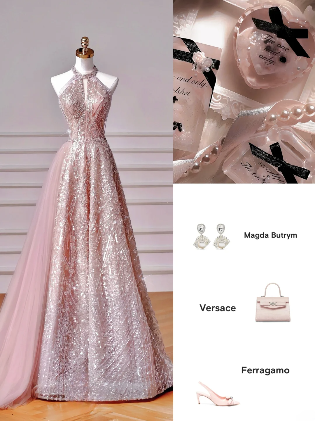 Glamouröses Ballkleid mit hohem Kragen, rosa Pailletten, langes Abendkleid, Partykleid, Outfit zum 20. Geburtstag, Ballkleid AQ128