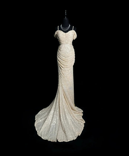 Modest Prom Dresses Mermaid Off The Shoulder Slit Sequin Long Party Dress Formal Outfits RB5944