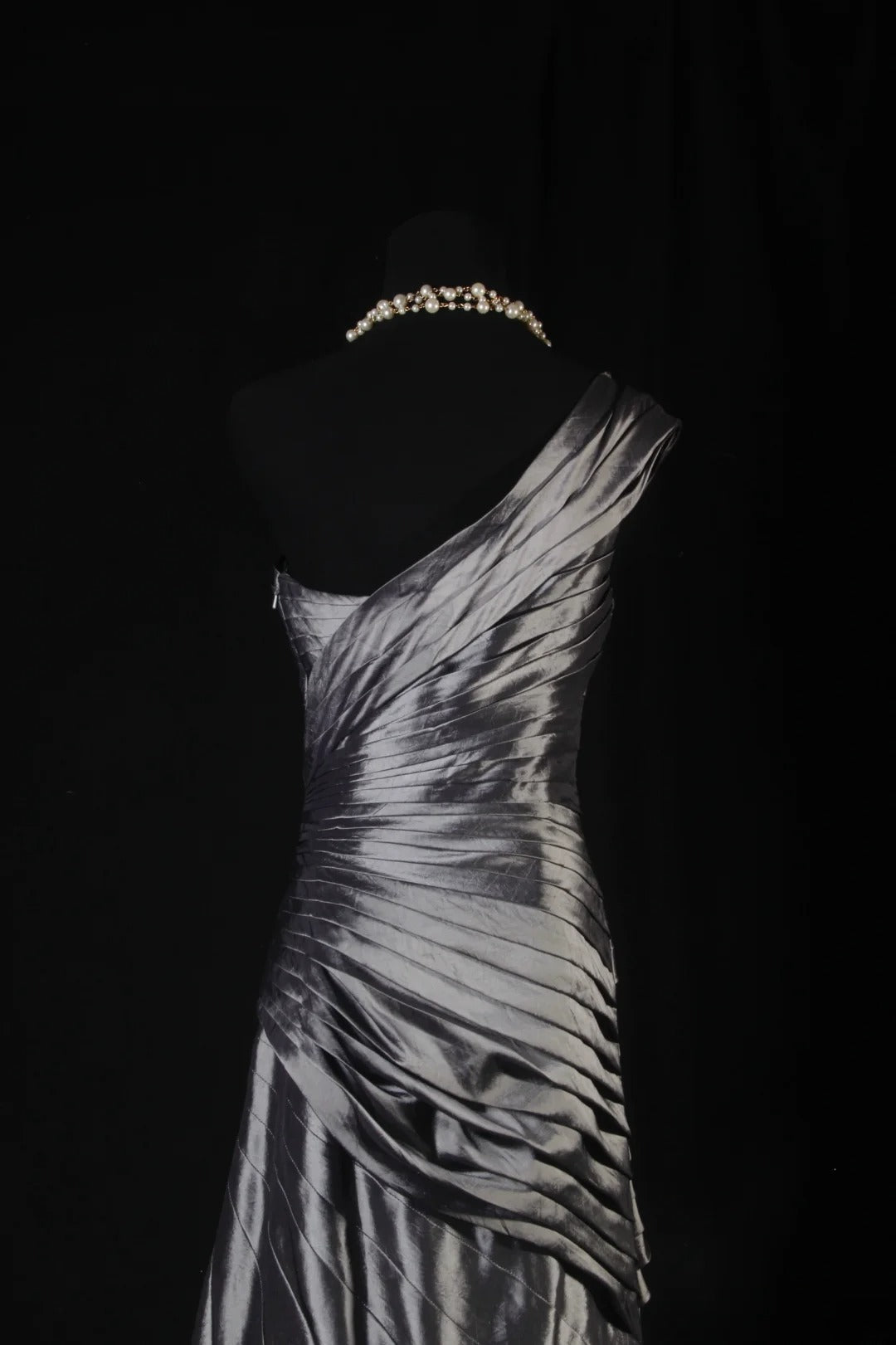 Vintage 50s 1950s Formal Mermaid One Shoulder Grey Tiered Taffeta Pleated With Beads Sleeveless Long Prom Dresses Party Formal Gowns AS137