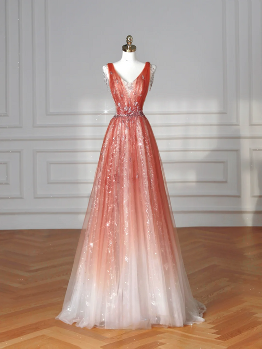Robe de bal longue élégante en tulle, coupe trapèze, col en V, style formel, idéale pour les soirées dansantes (AB2206)