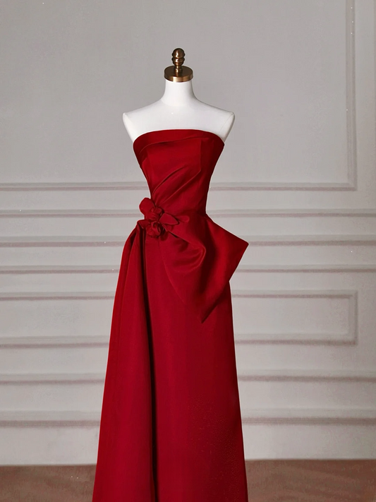 Robe de bal longue rouge satinée, bustier, coupe trapèze, idéale pour une soirée dansante ou un anniversaire (AB2210)