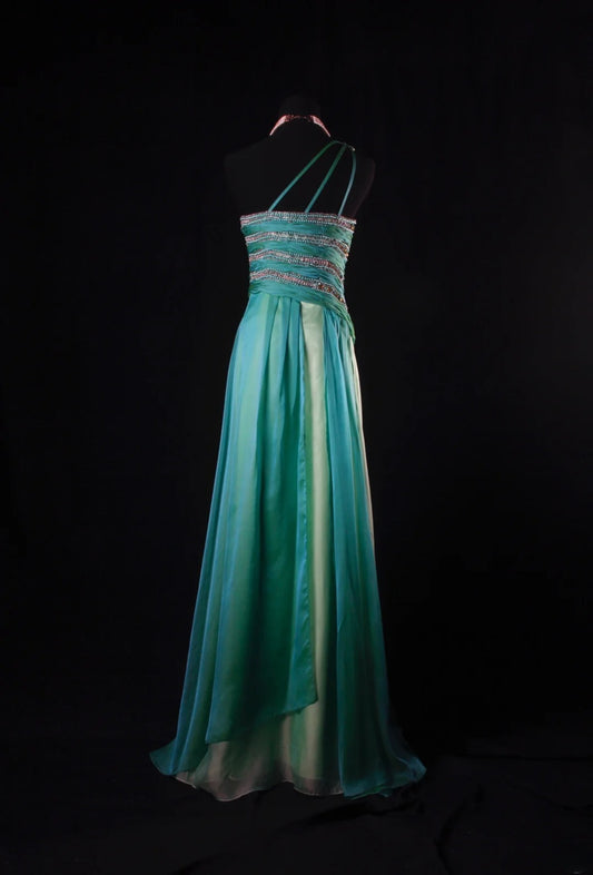 Retro 70s 1960s Formal A Line Multi Colors Green Blue With Gem Beads One Shoulder Sleeveless Long Prom Dresses Party Formal Gowns AS147