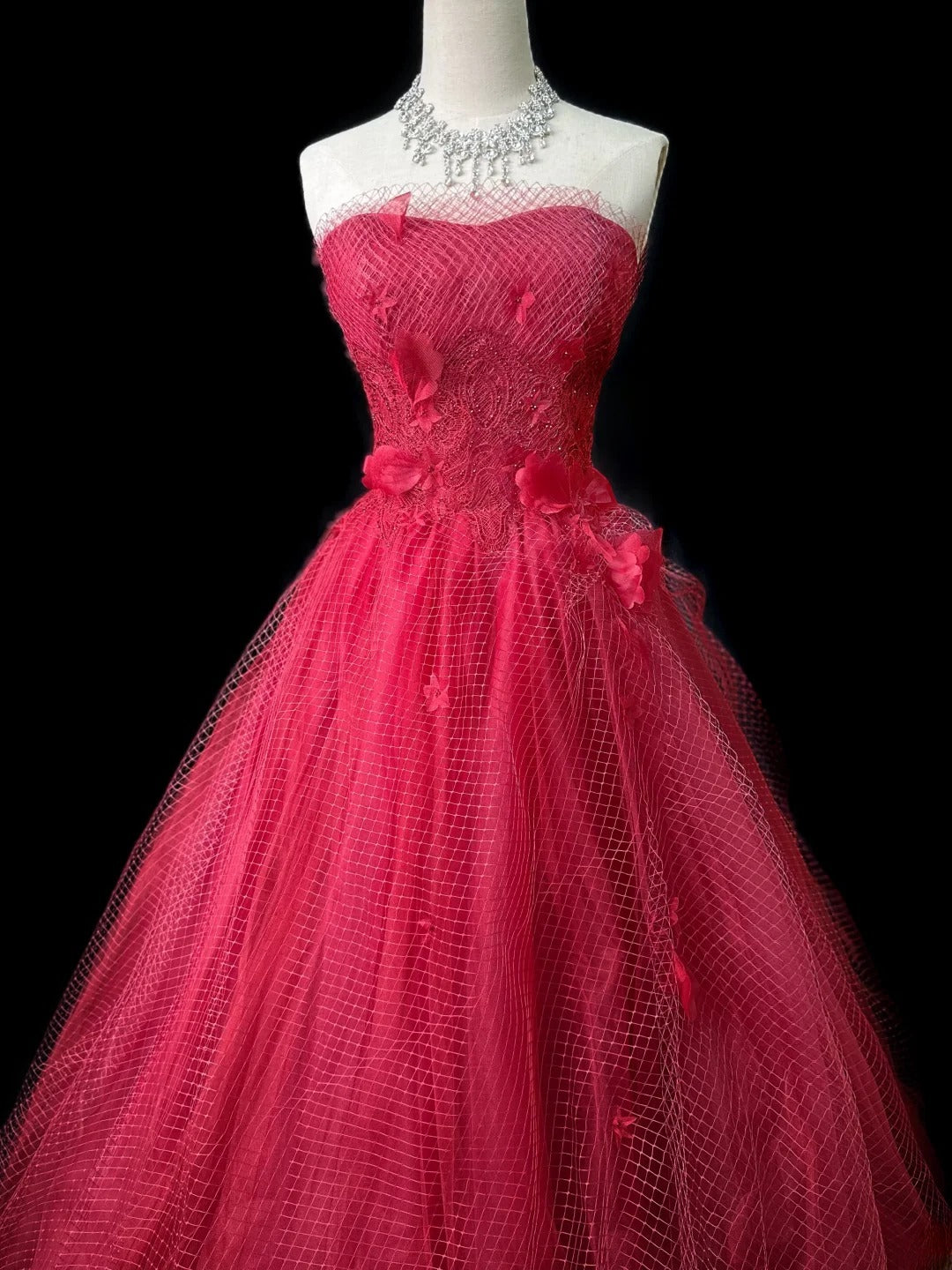 Vintage Prom Dresses Ball Gown Strapless Red Tulle With Flowers Long Party Gown Formal Outfits RB5969