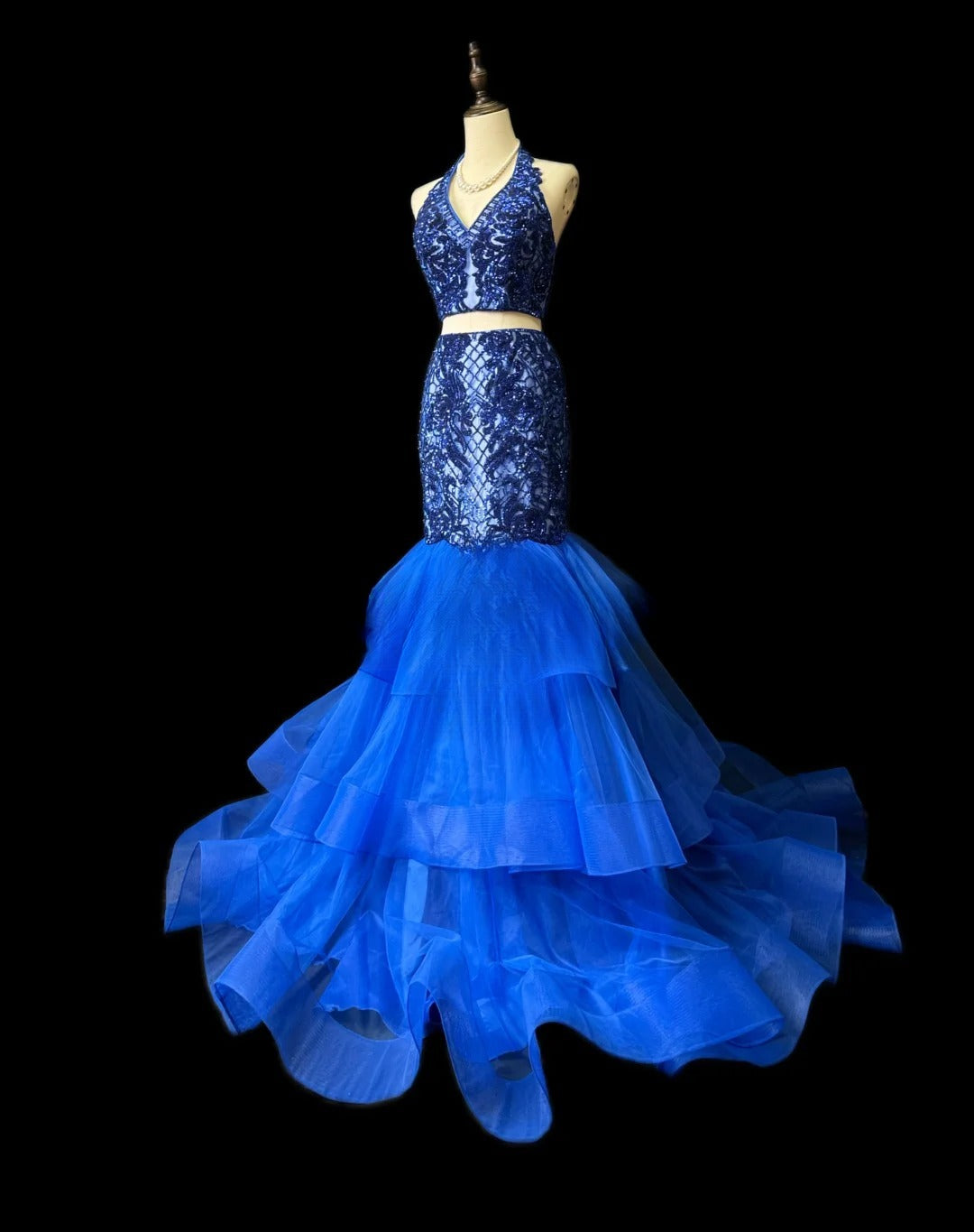 Chic Prom Dresses Mermaid 2 Pieces Royal Blue Sequin Sleeveless Long Formal Outfits RB5974