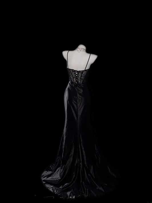 Vintage Prom Dresses Mermaid Spaghetti Strap Black Tie Dress Sleeveless Long Evening Formal Outfits RB3606