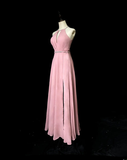 Vintage Prom Dresses A line Scoop Pink Chiffon With Slit Long Party Gown Formal Outfits RB5985