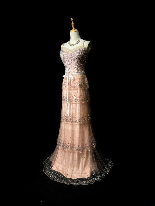 Vintage Prom Dresses A line Spaghetti Strap Pink Sequin With Beads Long Party Gown Formal Outfits RB5987