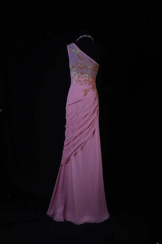Elegantes, einseitig schulterfreies, rosafarbenes Chiffon-Abendkleid im Meerjungfrauenstil, langes Partykleid AS188