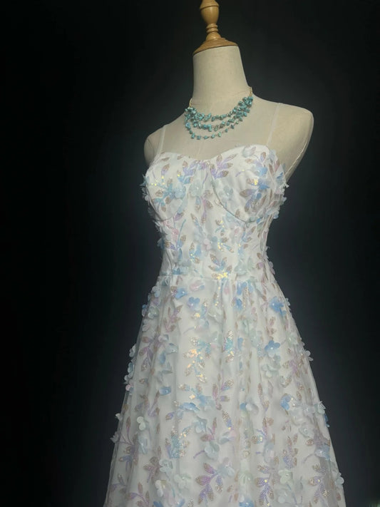 Chic Prom Dresses A line Spaghetti Strap White Sequin Sleeveless Long Formal Outfits RB6003