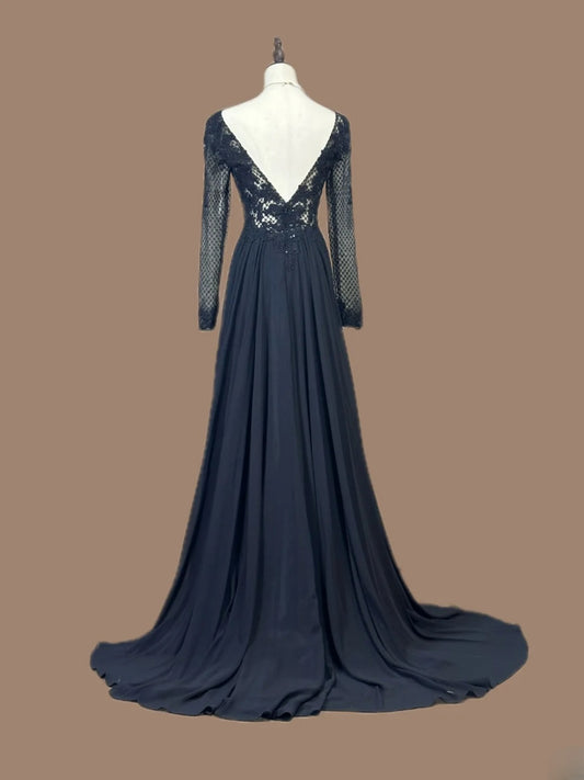 Modest Prom Dresses A Line Scoop Navy Blue Chiffon Lace With Sleeves Long Formal Outfits RB6021