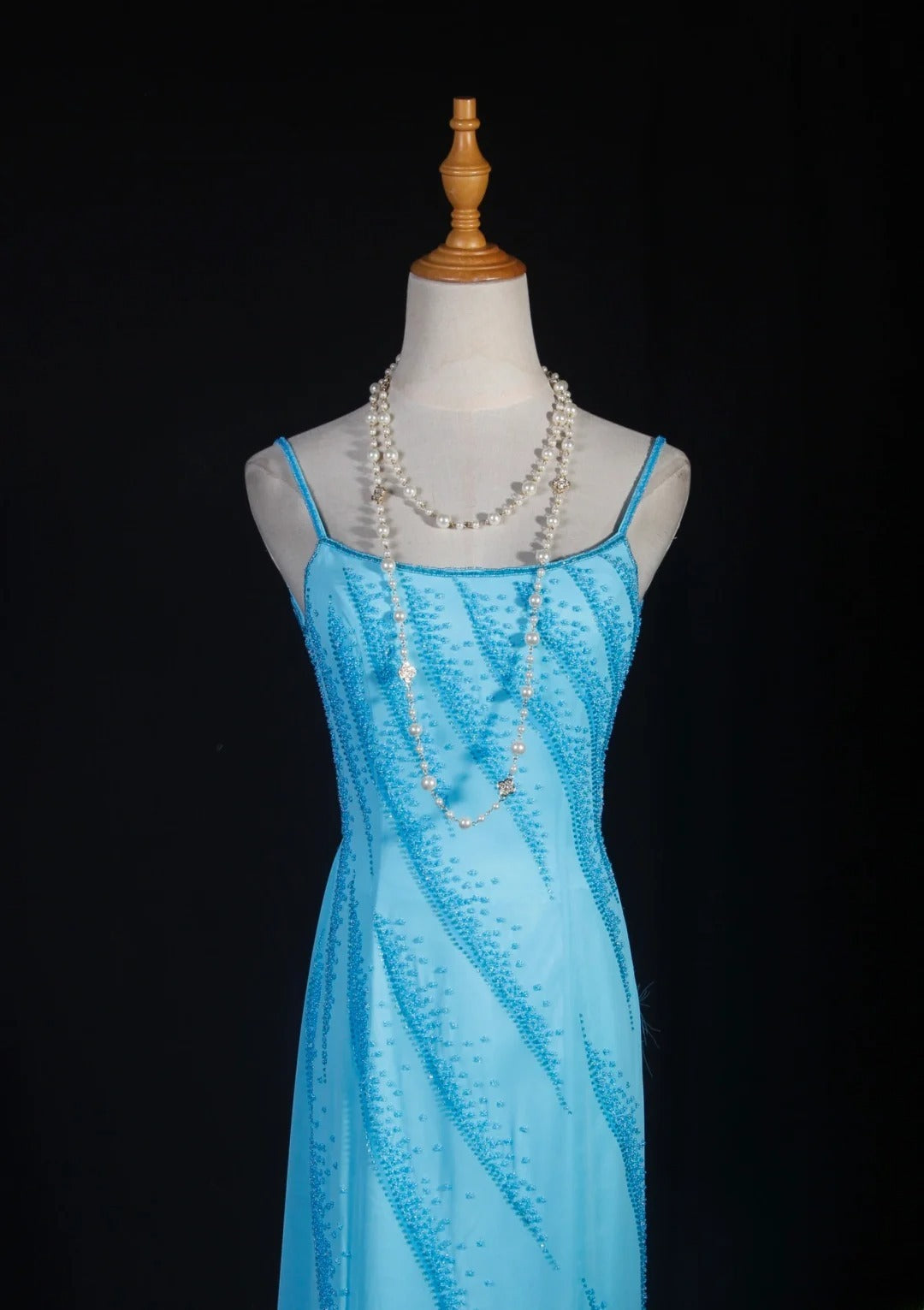 Vintage Meerjungfrauenkleid aus den 50er Jahren, hellblaues Chiffonkleid mit Spaghettiträgern, rückenfrei, langes Partykleid, Abendkleid AS247
