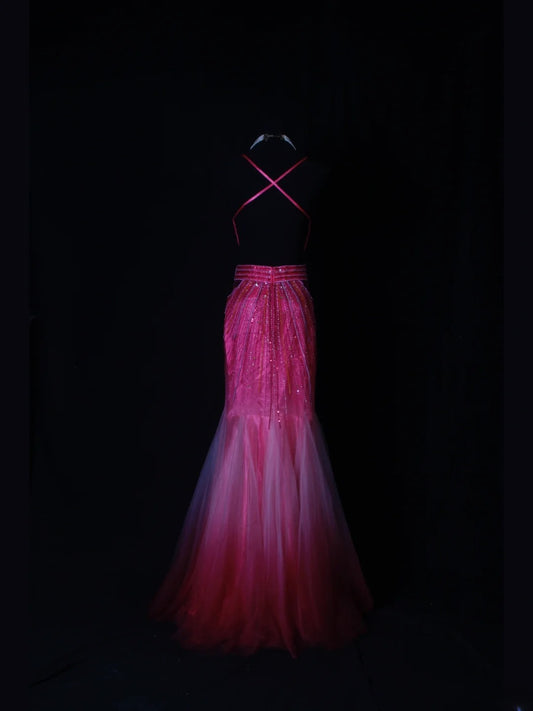 Shinning Mermaid Spaghetti Straps Hot Pink Backless Beaded Bodice Long Prom Dresses Impress 18th Birthday Outfits Prom Gown AS262