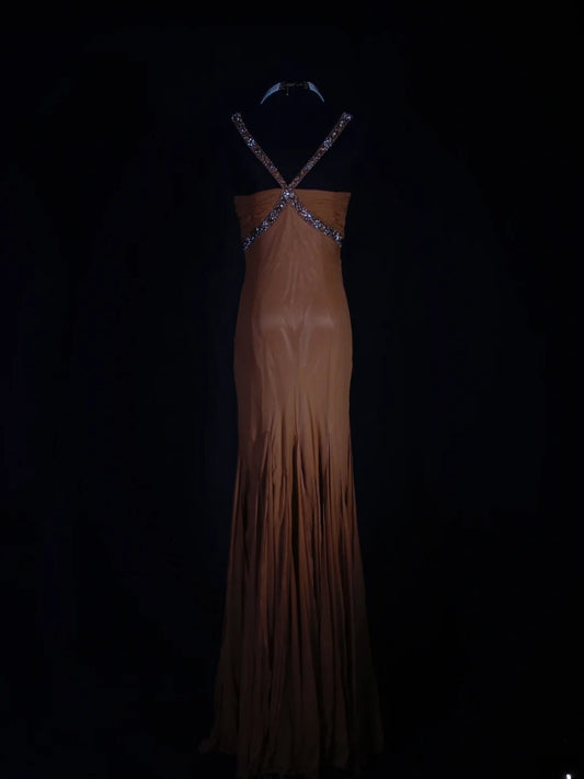 Robe de bal longue vintage sirène années 80, dos nu, orange brûlé avec perles, idéale pour un 20e anniversaire. Robe de soirée AS291