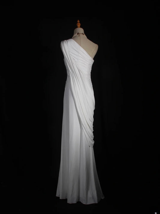 Retro 90s Sheath One Shoulder White Chiffon With Beads Bodice Long Prom Dresses Inspo 18th Birthday Outfit Formal Gown AS293