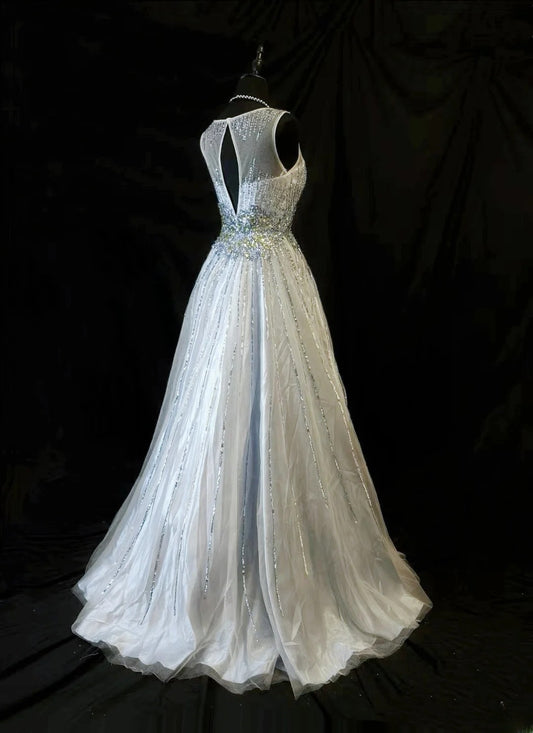 Vintage 80s Prom Dresses Ball Gown Jewel Neck Silver Tulle With Beading Party Gown Formal Outfits RB6148