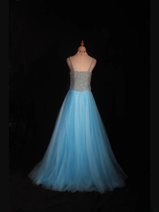 Robe de bal longue vintage années 90, coupe trapèze, bretelles spaghetti, tulle bleu orné de perles - Inspiration pour une tenue de 20e anniversaire - Robe de soirée AS314