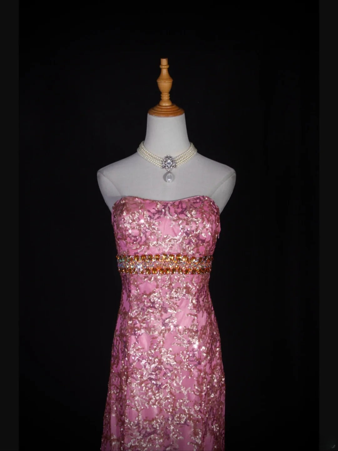 Vintage Mermaid 80s Strapless Pink Sequins With Gold Beads Long Prom Dresses Inspo 20th Birthday Outfit Formal Gowns AS317