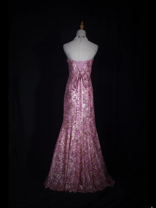 Robe de bal longue vintage sirène années 80, sans bretelles, rose à sequins et perles dorées - Inspiration tenue pour un 20e anniversaire - Robe de soirée AS317