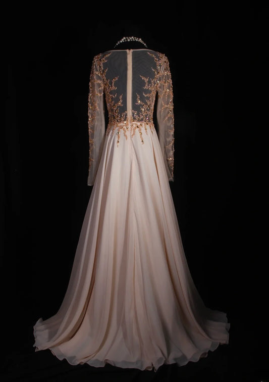 Retro 80s A line Scoop Neck Long Sleeves Blush Pink Chiffon With Beads Prom Dresses Inspo 22th Birthday Outfit Formal Gown AS323