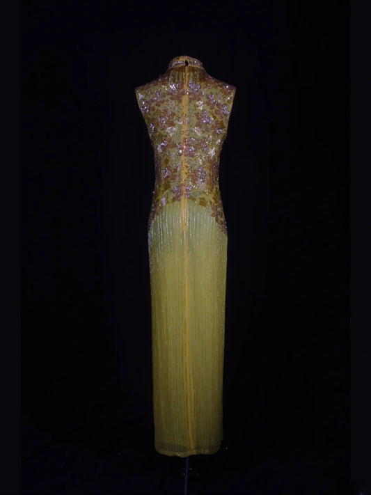 Retro 60s Sheath High Neck Yellow Chiffon With Gem Beads Prom Dresses Inspo 22th Birthday Outfit Formal Gown AS330
