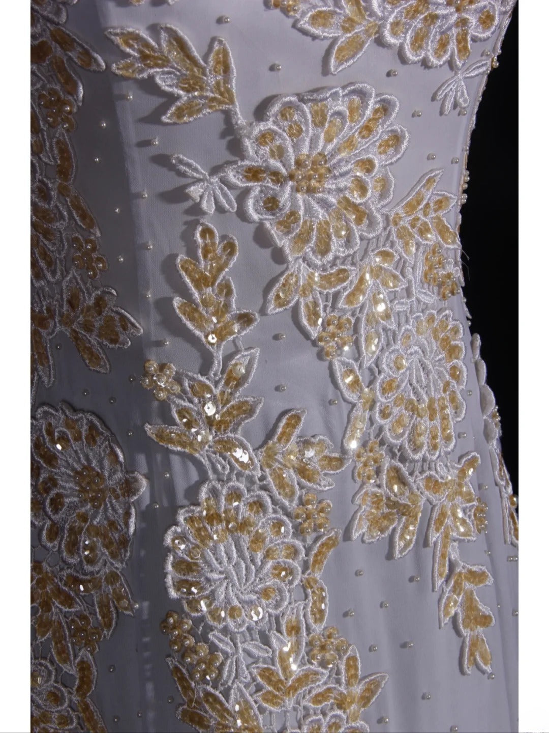Vintage Meerjungfrauen-Kleid, trägerlos, weiß, 1970er Jahre, mit applizierten Perlen am Oberteil, langes Ballkleid, Inspiration für den 16. Geburtstag, formelles Abendkleid AS333