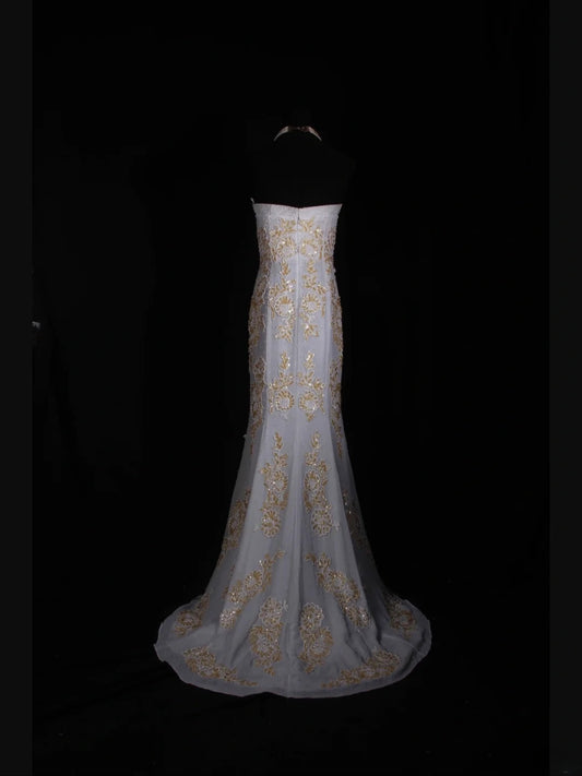 Robe de bal longue blanche bustier sirène vintage années 1970 avec corsage orné de perles appliquées - Inspiration pour une tenue de 16 ans ou une robe de soirée - AS333
