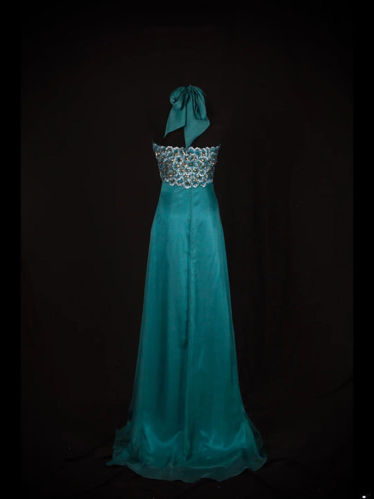 Robe de bal longue vintage années 2000, coupe trapèze, dos nu, en mousseline brodée de perles, grande taille, ornée de pierres précieuses. Idéale pour un 21e anniversaire ou une soirée (AS347).