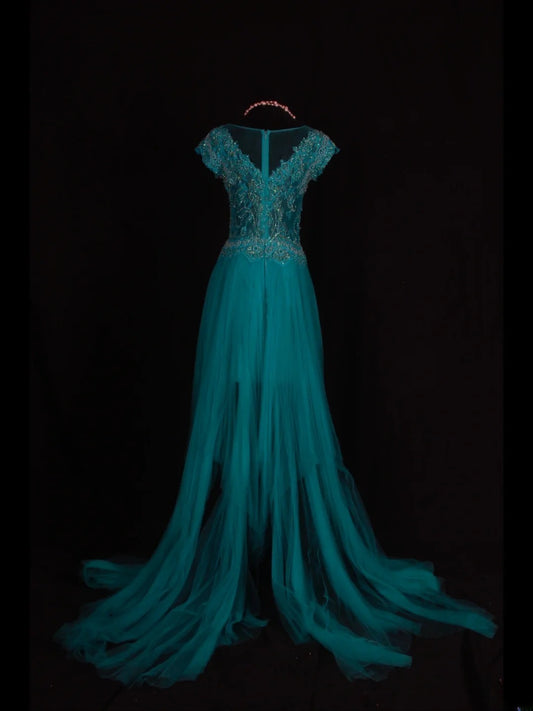 Retro 60s A line High Low Scoop Neck Blue Tulle With Pearls Beads Lace Prom Dresses Inspo 22th Birthday Outfit Formal Gown AS351