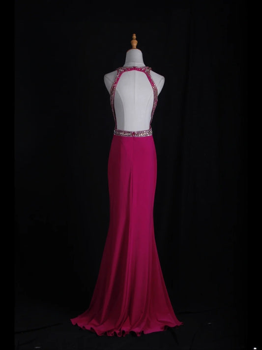 Robe de bal longue rose fuchsia vintage années 80, dos nu orné de perles, style sirène, inspiration années 80, tenue d'anniversaire, robe de soirée AS364
